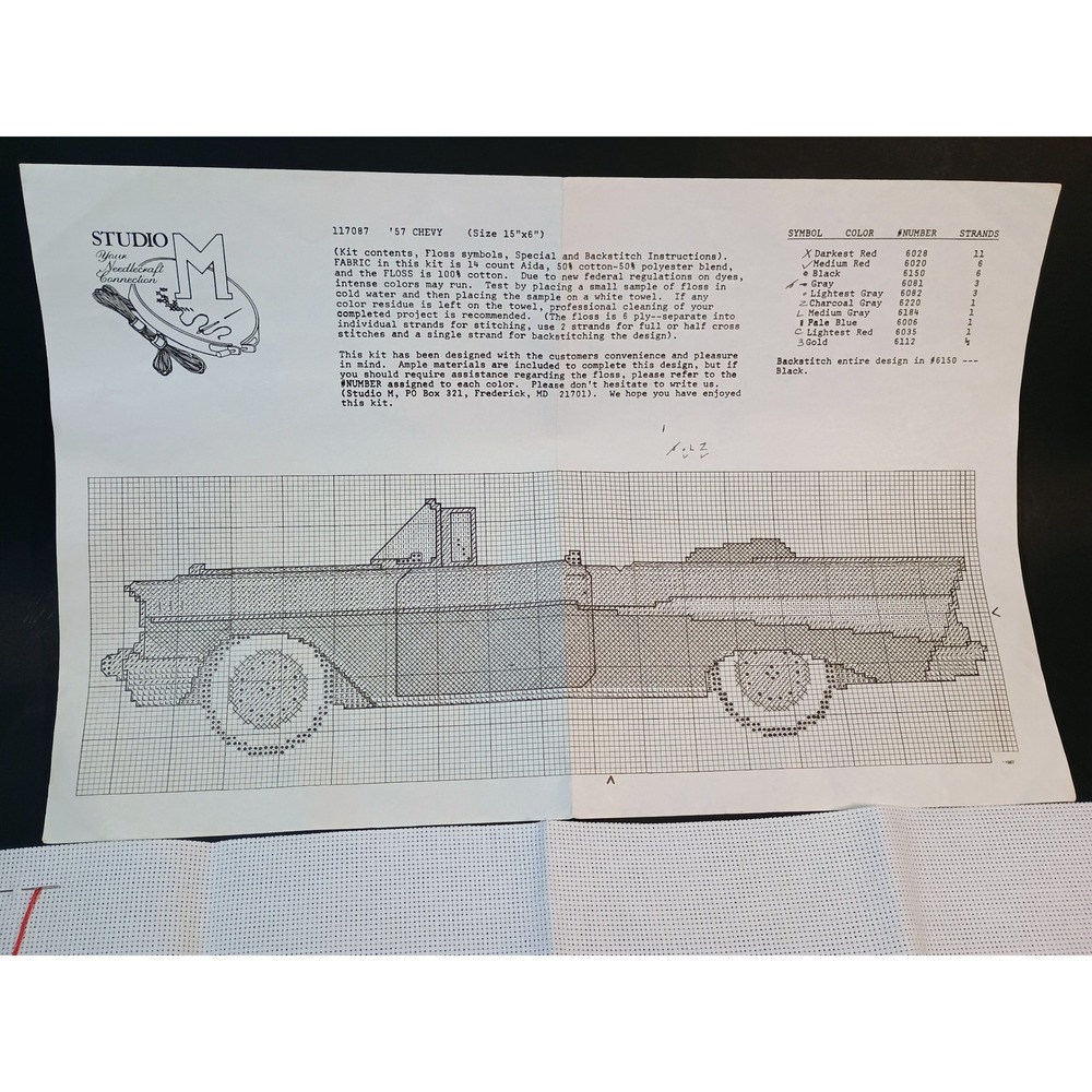 Studio M 117087 57 Chevy Convertible Cross Stitch Kit 15 x 6 Partially Completed - Picture 3 of 8